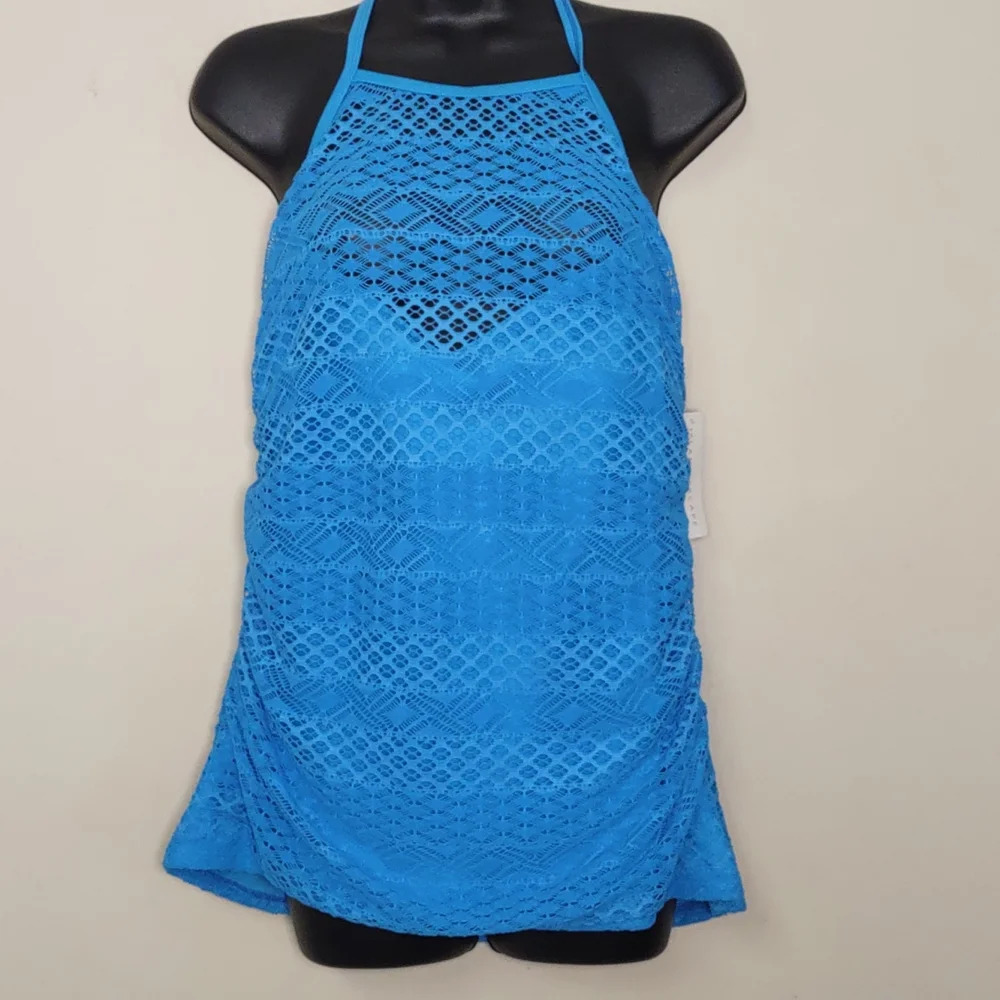 Island Escape Sky High-Neck Crochet Tankini Top   16 Blue - Picture 4 of 10